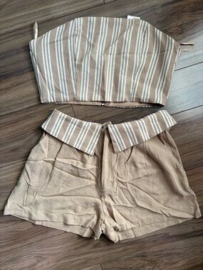 Striped Beige Two-Piece Crop Top & Shorts Set